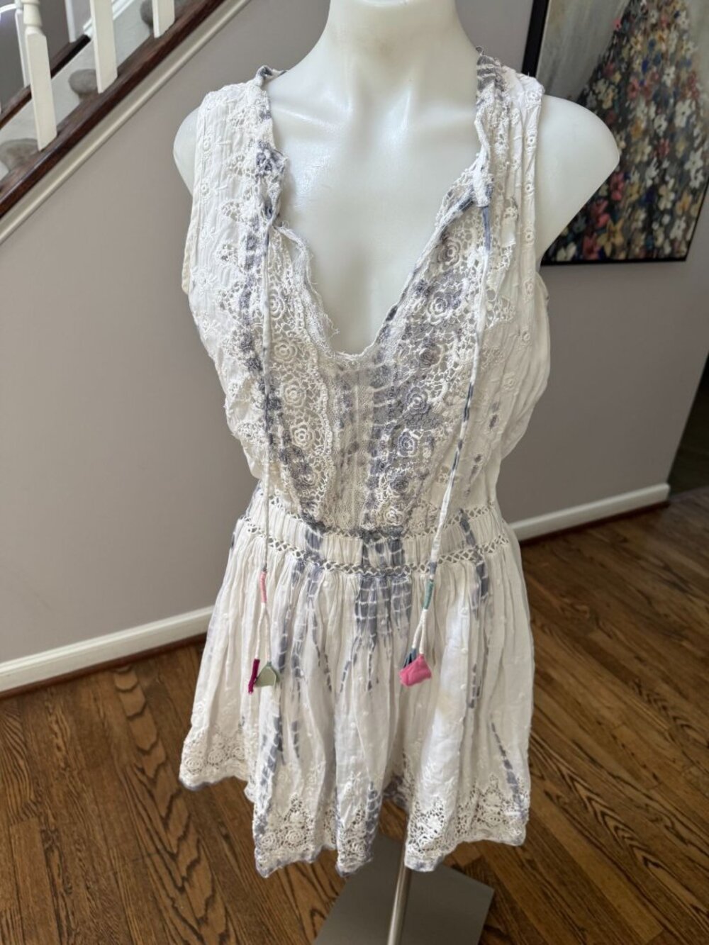 LoveShackFancy Nina Tie Dye Cotton Lace Mini Dress White Size Medium